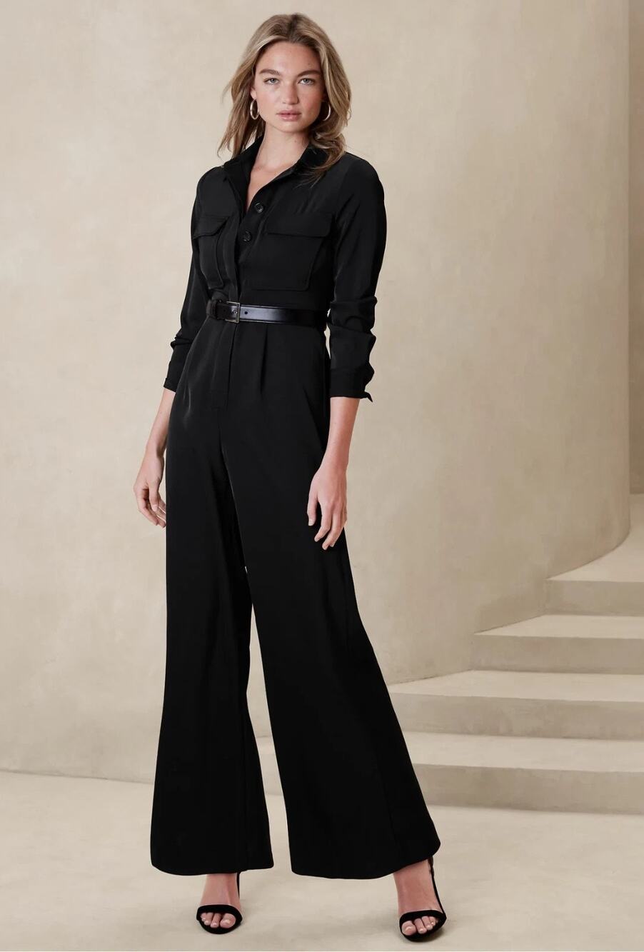 Banana Republic‎ Factory Black Wide-Leg Jumpsuit Women's 2 Petite Button Up NWT